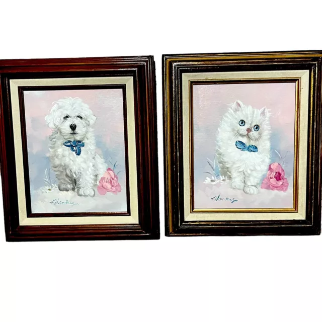 Original Paintings Dog & Cat Signed Art Portrait Puppy Kitten Love Vtg MCM Set