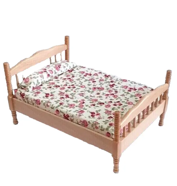 DOLLS HOUSE 1/12th SCALE  DOUBLE BED PINE WITH FIXED MATTRESS AND PILLOW