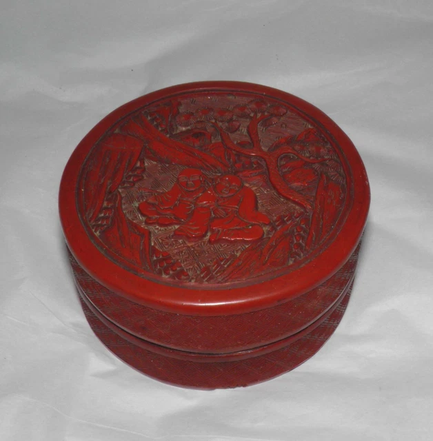 Antique Chinese RED LACQUER CARVED CINNABAR Round Box SCHOLARS & LANDSCAPE