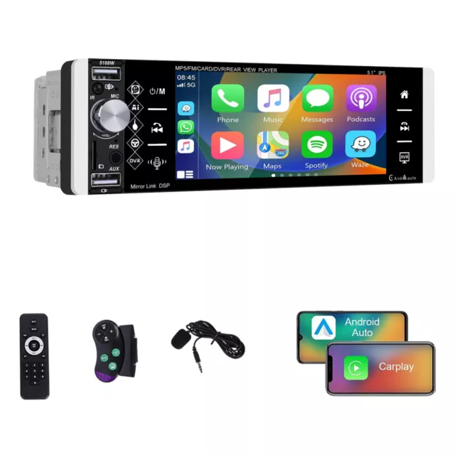 5.1" 1DIN Autoradio Wireless CarPlay Android Auto IPS Touch Screen Bluetooth AUX