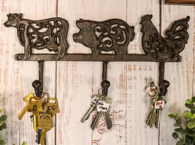 Cast Iron Rustic Cow Pig And Chicken With Scroll Filigree Art 3 Peg Wall Hooks