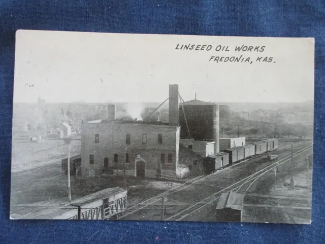 1910 Fredonia Kansas Linseed Oil Factory &Train Cars Postcard