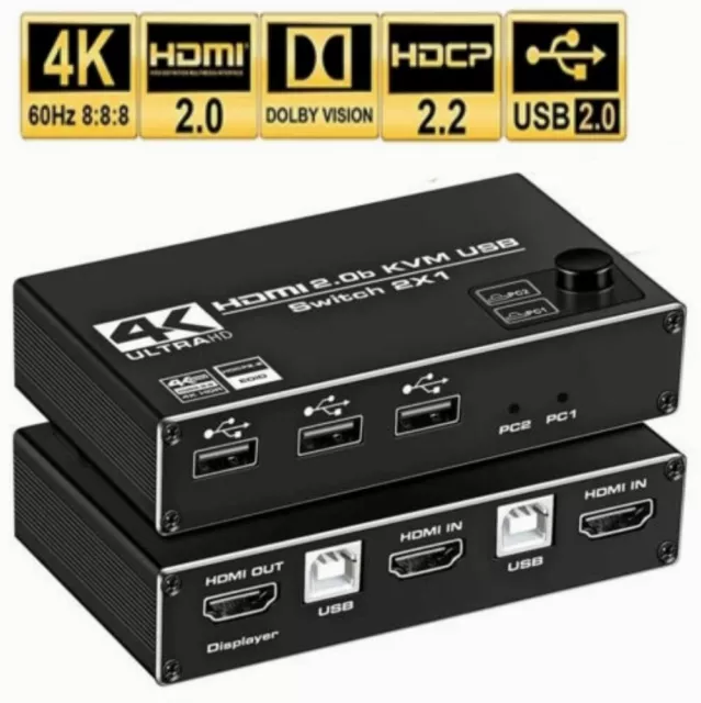 2 Port 4K HDMI KVM Switch Box USB KVM Switcher 2x1 For Mouse & Keyboard Sharing