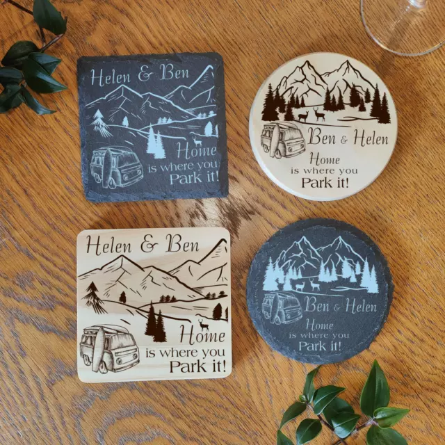 Personalised Camper Van Gift Drink Coaster Laser Engraved Wood or Slate