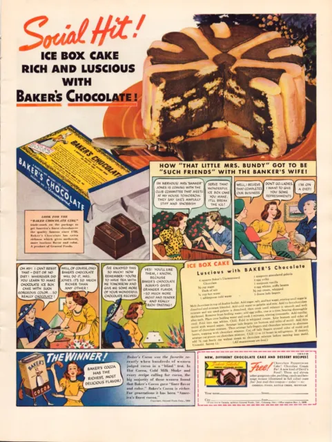 Print Ad Baker's Chocolate 1938 Ice Box Cake Full Large Magazine 10.5"x13.5"