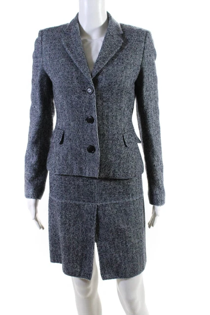 Luciano Barbera Women Three Button Notched Lapel Geometric Skirt Suit Blue IT 44