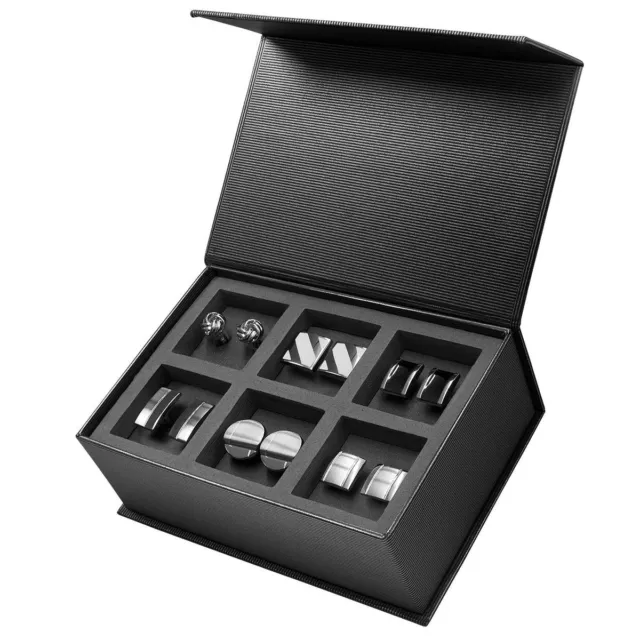 6 Paar Manschettenknöpfe aus Edelstahl  in Geschenkbox schwarz weiß silber matt