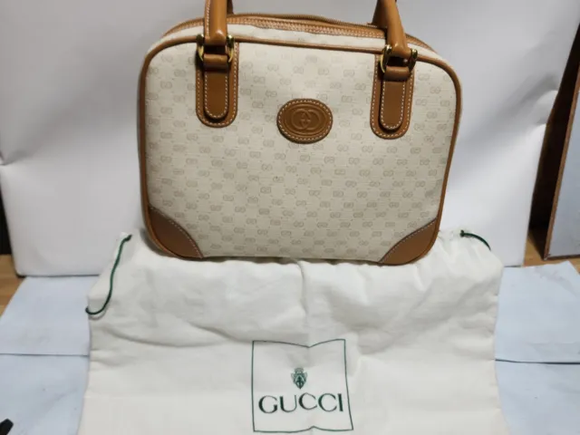 Vintage GUCCI Micro GG Signature Beige Canvas Handbag Purse w/ Dust Cover COA