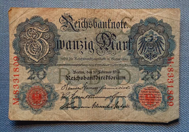 old German banknote Twenty Mark Berlin 19. Februar 1914 Reichsbankdirektorium
