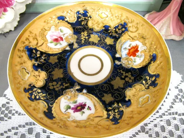 ANTIQUE 1820s Porcelain plate Coalport painted cobalt blue etched gold flowers