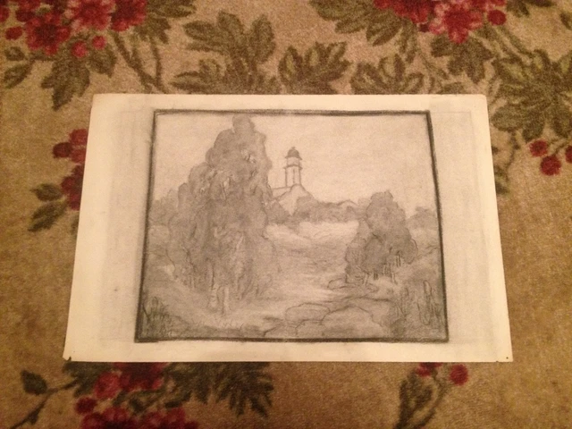 Antique Early 20th Century Coal Landscape Drawing With / Tower or Lighthouse