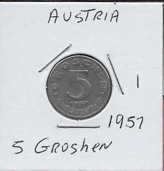 Austria 5 Groschen 1957 Vf Imperial Eagle With Austrian Shield On Breast,Ho