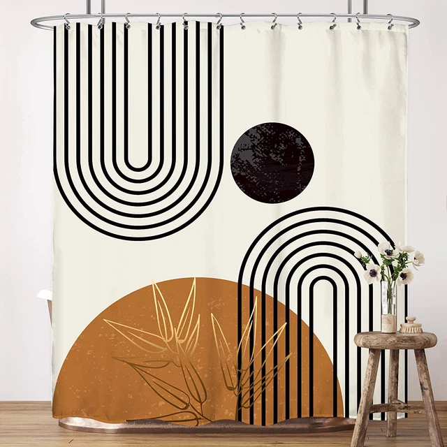 Boho Mid Century Shower Curtain Bathroom Set 60Wx71H Inches Abstract Leaves Gold