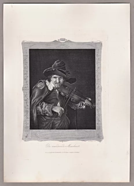 Musik, Geige - Der wandernde Musikant - Stich, Stahlstich Payne um 1850
