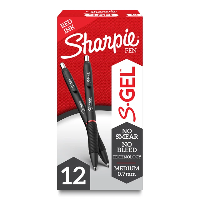 Sharpie S Gel Pens, Fine Point, 0.7 mm, Black/Red, Red Ink, 12-Pack