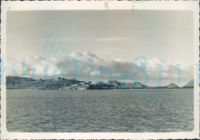 1940s St Johns worker photo, Antigua view from sea to coastal bay 6.8*4.8"