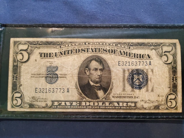 1934-A $5 Five Dollars Blue Seal Silver Certificate Currency Note