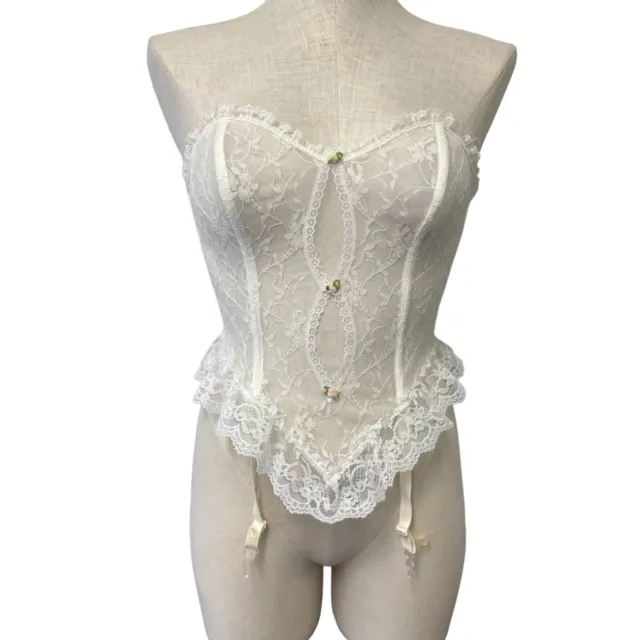 Vtg 90s Fredericks Hollywood White Lace Rosette Strapless Bustier Garter Size 34