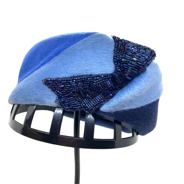 Pillbox Hat Vintage 50s B Forman Sons Womens Blue Fitted Beaded Chic Size 6-5/8