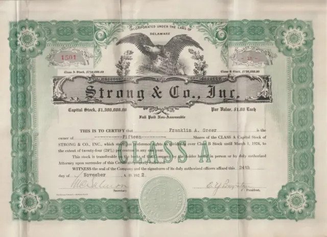 1922 Strong & Co. Inc. Stock Certificate #1501 Issued To Franklin A. Greer