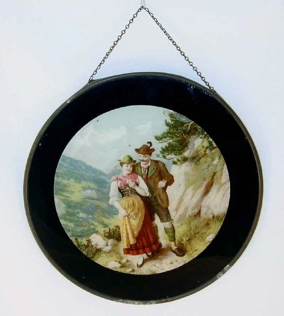 Vintage Round Flue Cover Tyrolean Couple Mountain Path Metal Frame & Glass Cover