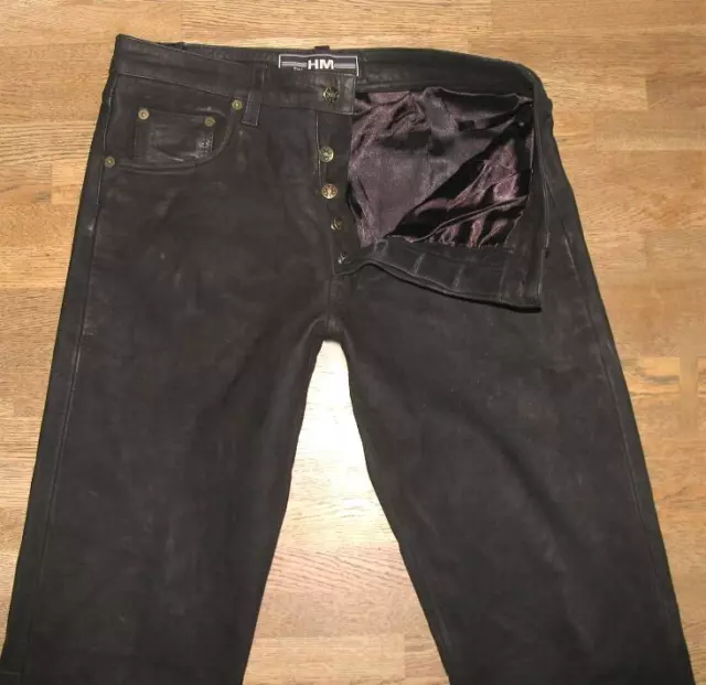 " HM " Jean en Cuir/ Nubuque Pantalon en Cuir en Noir Env. W31 " / L33 3