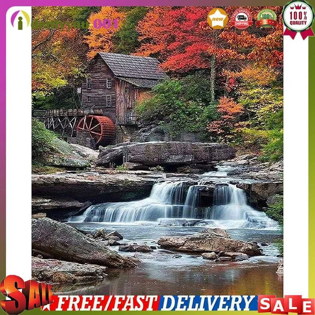 Cabaña por cascada pintura al óleo por números hágalo usted mismo pintura a mano decoración del hogar sin enmarcar
