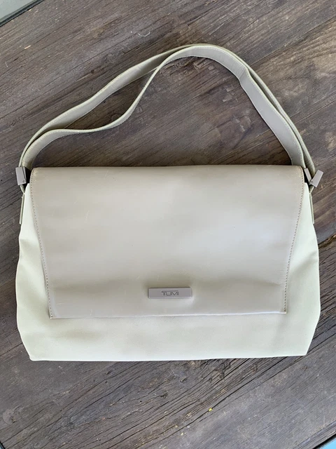 Tumi Leather and Nylon Crossbody Shoulder Bag Travel  Beige Adjustable Strap