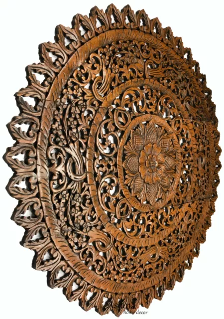 Large Round Carved Wood Floral Wall Art Panel. Rustic Home Decor Asian Inspired