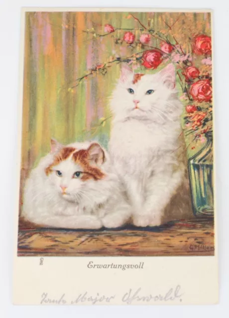 Vintage postcard Germany Two beautiful cats and flowers sygn G. Miller