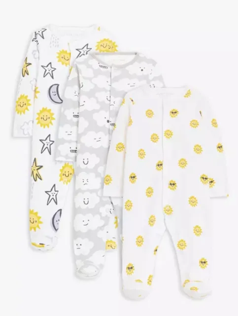 John Lewis 3 Pack Baby Clouds Cotton Sleepsuits Age 0-3 Months *BNWT*