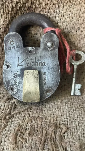 Old Vintage Rare Rustic Iron 8 Lever Krishna Padlock With Key