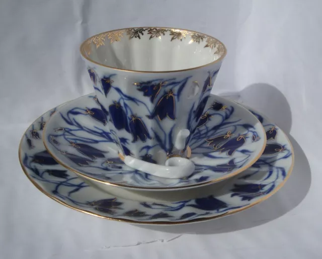Russisches kaiserliches Lomonossow Porzellan 3er Set: Tasse, Untertasse, Teller 