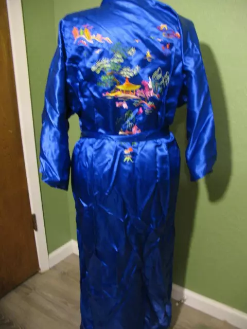 Vtg Royal Blue 100% Silk Chinese Robe Bonsai Tree Golden Bee Size M Embroidered