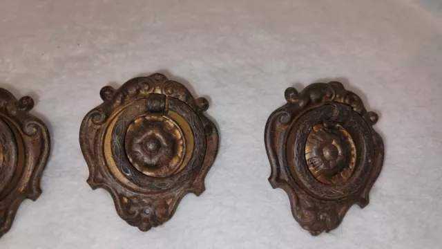 Set Of 4 Vintage Drop Ring Drawer Pulls Metal Sheild Design 2" Ornate Detail 3