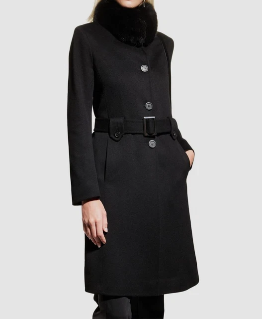 $1495 Fleurette Women's Black Wool Fox Fur Belted Trench Coat Jacket Size 10 $1495 Fleurette Women's Black Wool Fox Fur Belted Trench Coat Jacket Size 10