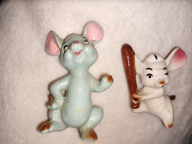 2 Vintage Tiny Ceramic Mice Mouse Mini 1 Playing Baseball 1.25-2" Estate