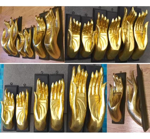 Vintage Pair Gold Hand Buddha Sculpture Art Wood Craved Wall Hanging Home Decor