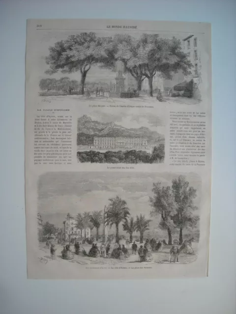 Gravure 1865. Ville D’hyeres. Place Royale. Grand Hotel Des Iles D’or. Place Des