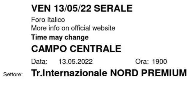 2 Biglietti Internazionali d'Italia BNL Roma tennis Sess Serale Venerdi 13maggio