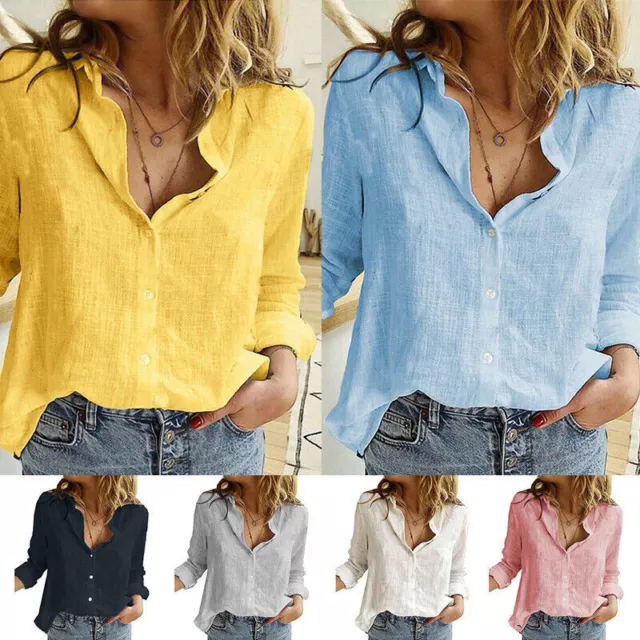 Womens Cotton Linen Plain Blouse Tops Ladies Baggy Long Sleeve Casual T-Shirt