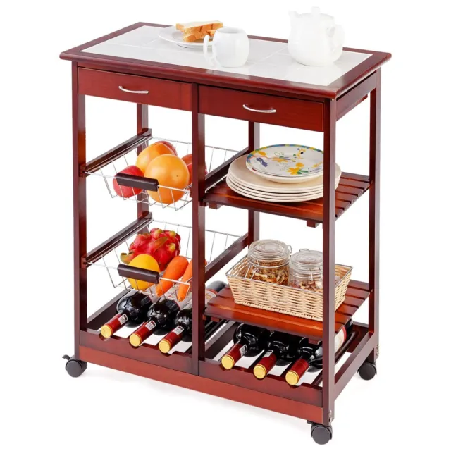 Kitchen Storage Trolley Cart Rolling Island Shelves Cupboard 2 Drawers 2 Baskets