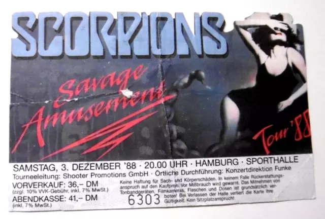 Vecchio Biglietto D'Ingresso Scorpions Savage Amusement Tour 1988 Hamburg