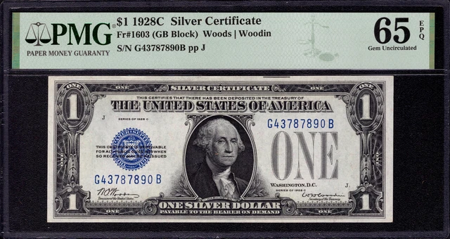 1928 C $1 Silver Certificate Note Fr.1603 Gb Block Pmg Gem Unc 65 Ppq (890B)