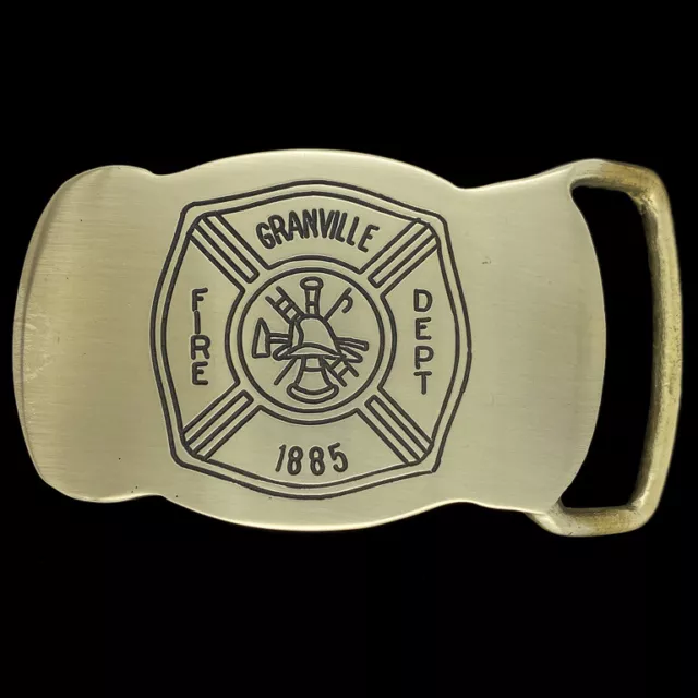 Granville Fire Department Fireman Fire Man Fighter Brass 70s Vtg Belt Buckle