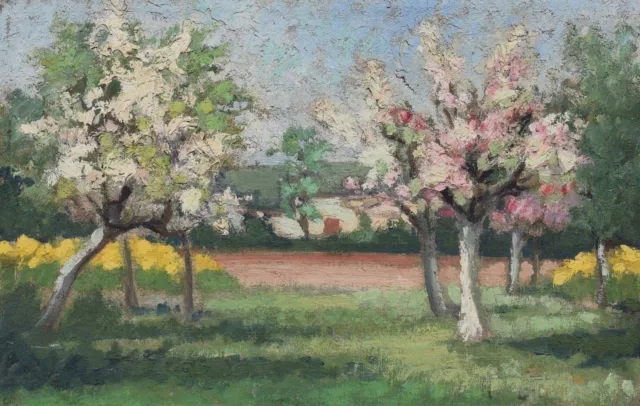 Tableau ancien paysage Arbre en fleurs - Peinture à l'huile sur toile