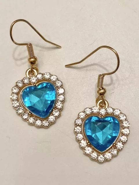 Betsey Johnson Blue Crystal Heart Pierced Dangle Earrings NWT