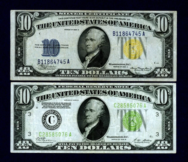 1934A $10 Yellow Seal No. Africa Silver Certificate - 1928B $10 Lime Green Seal!