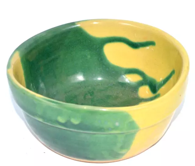 Vintage Studio Art Pottery Batter Bowl YELLOW GREEN Drip Glaze J &S  5'