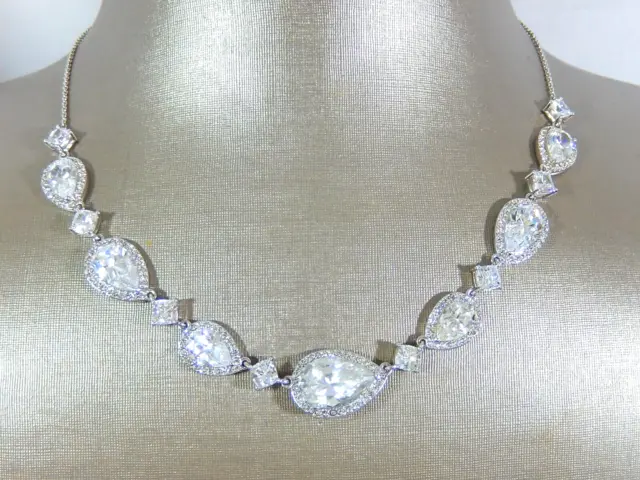 Nwot Nadri Art Deco Inspired Rhodium Plated Pear Cut Princess Round Cz Necklace